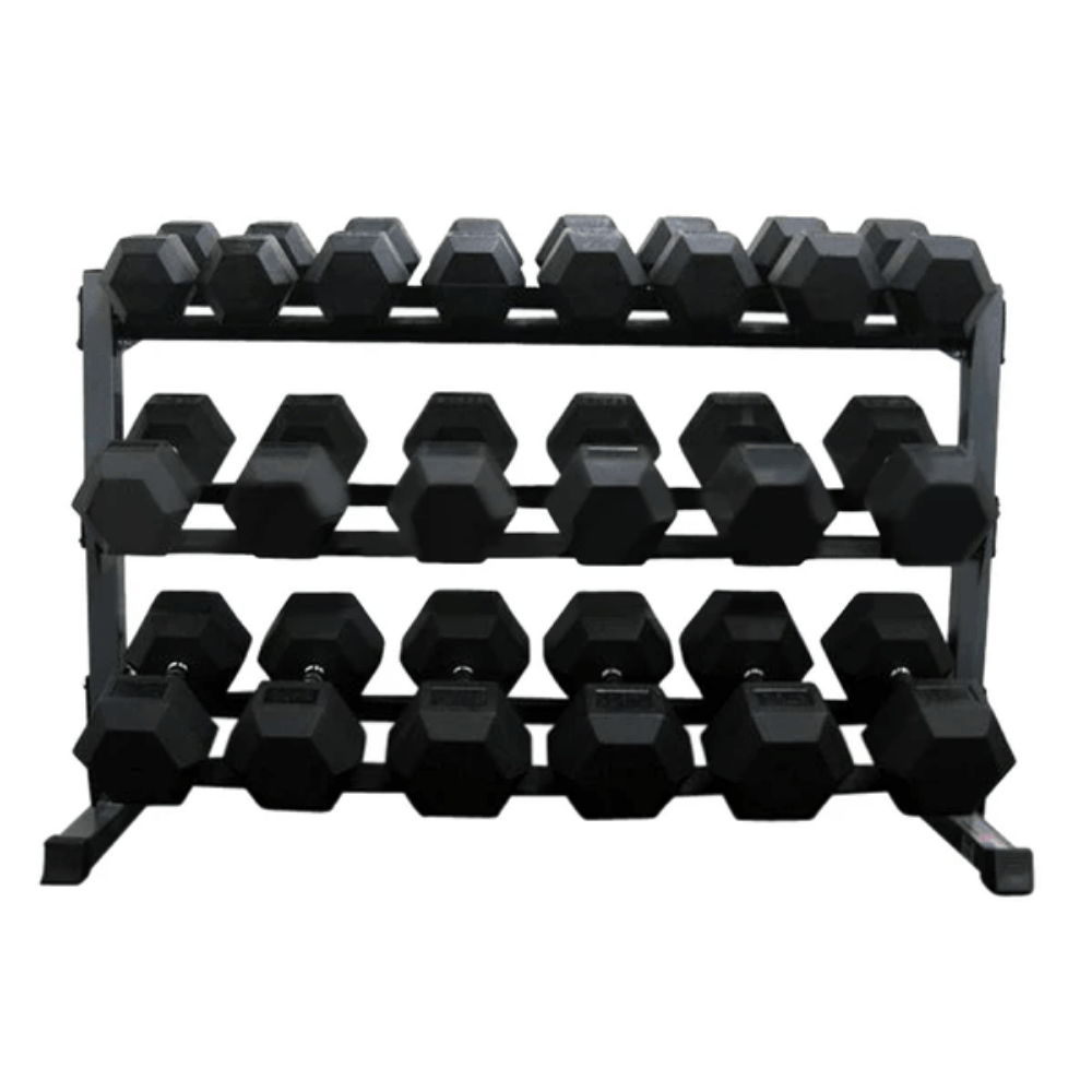 FORCE USA 2-25kg Rubber Hex Dumbbell & 3 Tier Rack Package
