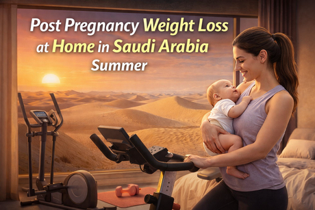 A new happy mom wiht her baby performing post-pregnancy workout at her home using home gym equipments in Saudi Arabia