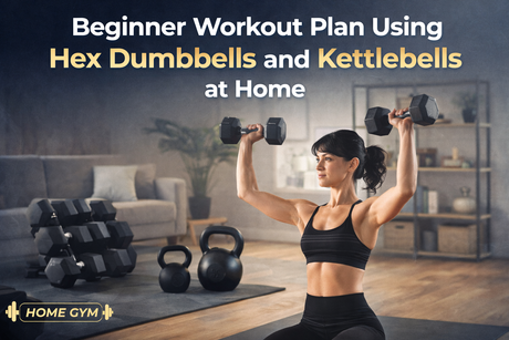 Beginner home workout setup in Riyadh Saudi Arabia featuring hex dumbbells, rubber dumbbell set, kettlebells, and hexagonal dumbbells for strength training using gym equipments in Riyadh Saudi Arabia